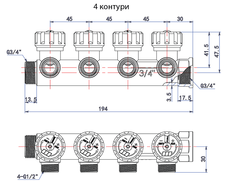 Розподільча гребінка з регулюючими вентилями 4 контури 3/4''x3/4" 394012 фото