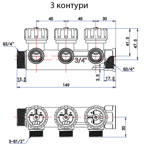 Розподільча гребінка з регулюючими вентилями 3 контури 3/4''x3/4" 393012 фото